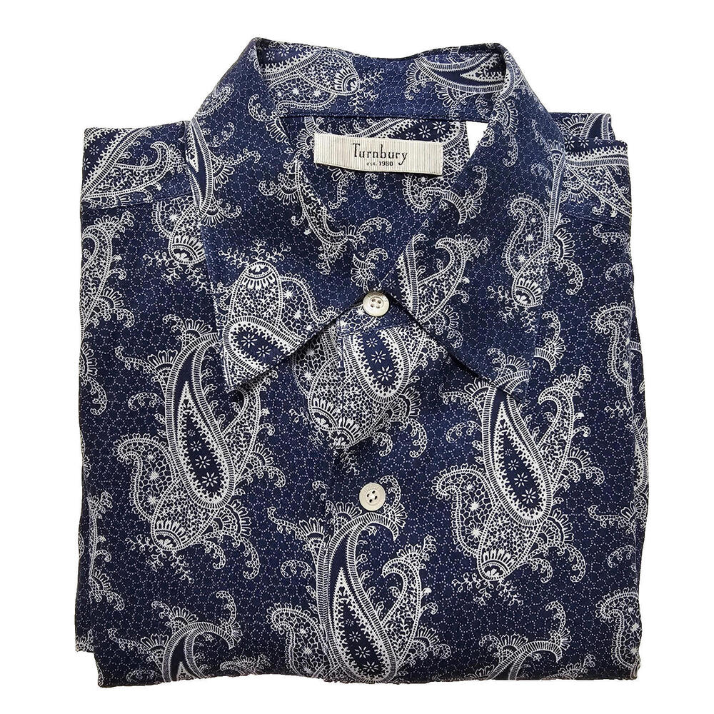 Turnbury Mens Shirt Large Silk/Linen Blend Navy w/ White Paisleys Button Front